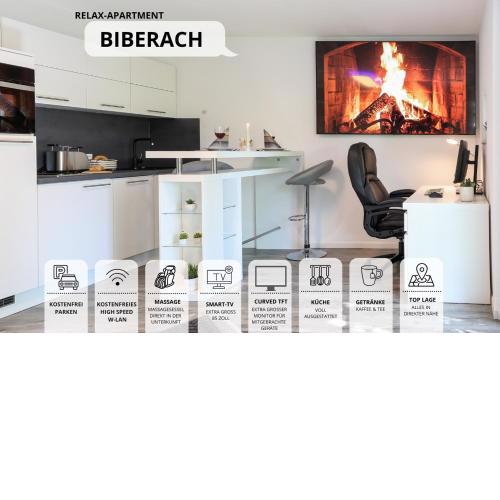 Relax-Apartment Biberach - Relax Massagesessel - Smart-TV 85 Zoll - voll ausgestattete Küche - High-Speed Internet - Arbeitsplatz mit Curved Monitor